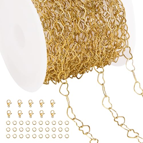 Jabogrii 5 Meters Gold Stainless Steel Jewelry Making Chain Spool Craft Heart Chain Bulk for Jewelry Making - color: Hollow Heart Gold