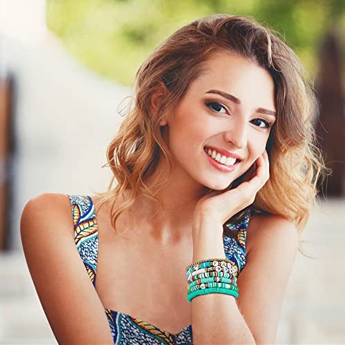 Emibele Colorful Stretch Bracelet Stack Boho Beaded Bracelet Set Heishi Surfer Bracelet Stackable Y2K Trendy Jewelry Friendship Multiple Set Women Fans - style: Green 7pieces