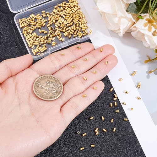 Beebeecraft 1 Box 300Pcs Tube Crimp Beads, 3x2mm Golden Stainless Steel Column Positioning Stopper Crimp Beads Cord End for Jewelry Making Bracelet Necklace - size: 3x2mm