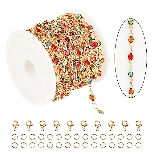 KYUNHOO 5M Colorful Crystal Rhinestones Jewelry Chain Link Gold Plated Brass Chain Bulk for Women Necklace Making Jewelry Supplies DIY Handcrafts with Lobster Clasps and Jump Rings - color: Colorful Bead-Gold