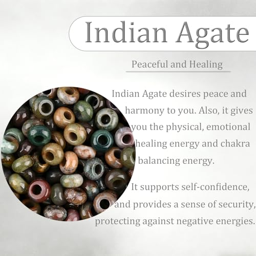 20Pcs Natural Indian Agate Large Hole Beads, 8x14mm Rondelle Gemstone Spacer Beads 6mm Big Hole for Jewelry Making, Beading Bracelets, Macrame & Hair Braiding - color: Indian Agate