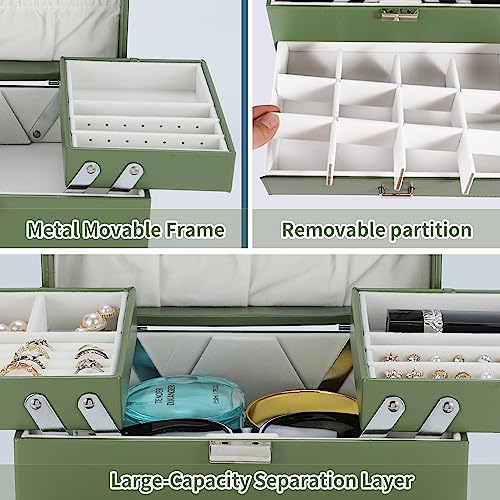 Dajasan Jewelry Organizer Box, Large Jewelry Boxes for Women Girls, Space-Saving 4 Layers Jewelry Storage Case with Drawer, Movable Metal Stand, Modern, Gift Idea (Green) - color: Avocado Green + Silver