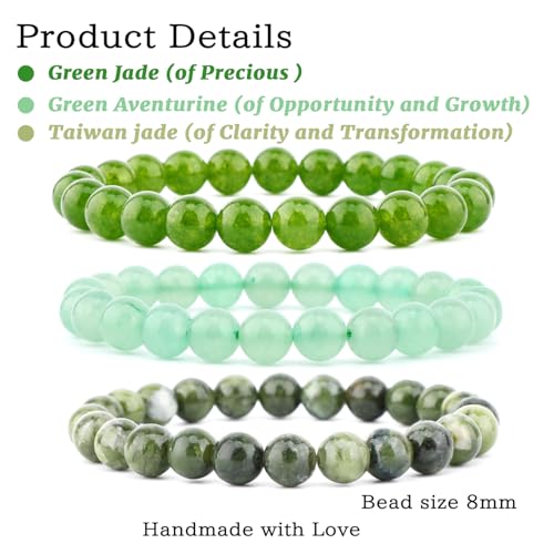 NCB 2.3-Piece 4mm Natural Crystal Gemstone Stretch Bracelets – Handmade Reiki Energy Healing Jewelry for Meditation,Yoga, Unisex - color: 3PCS ( Green Jade+Green Aventurine+Taiwan Jade ), size: 8mm