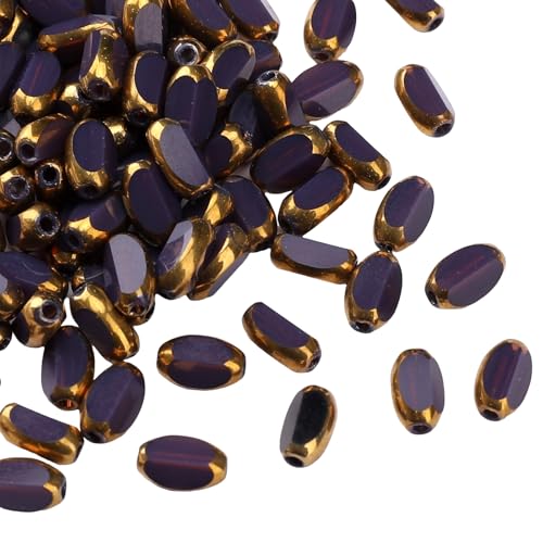 Glass Rice Beads Purple 4x6mm 50pcs Faceted Oval Golden Edge Crystal Loose Beads for DIY Craft Jewelry Making - color: Purple