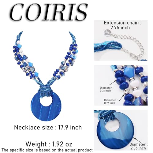 Coiris Shell Pendant Statement Strand Necklace for Women Boho Multi Beads Natural Stone Colorful Necklace Bohemian Handmade Chunky Shell Beaded Collar Jewelry for Women - color: NavyBlue