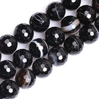 GEM-Inside 14mm Round Faceted Banded Black Agate Onyx Beads Strand 15 Inches