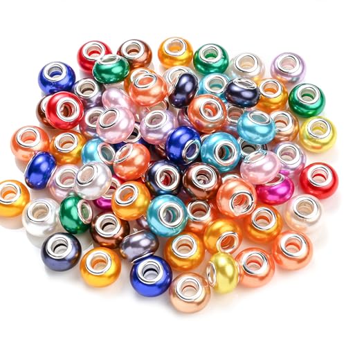 PIPITREE 100PCS Acrylic Beads 9 * 14mm Focal Beads for Pens Acrylic Flat Bulk Bead Imitation Pearl Mixed Color 6mm Large Hole Bead for Keychains Beadable Pens DIY Crafts Jewelry Making & Gift Giving - color: Imitation Pearl