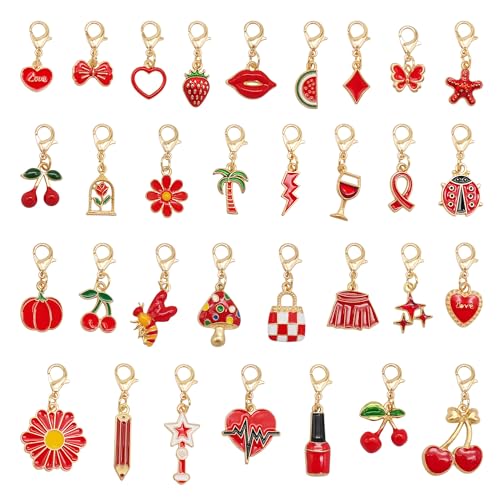 60PCS Enamel Charms Set with Golden Lobster Clasp, Assorted 30 Styles Animals Fruit Moon Star Clip-on Charm Pendants for Jewelry Making and Keychain Purse Decoration Crafts - color: Red