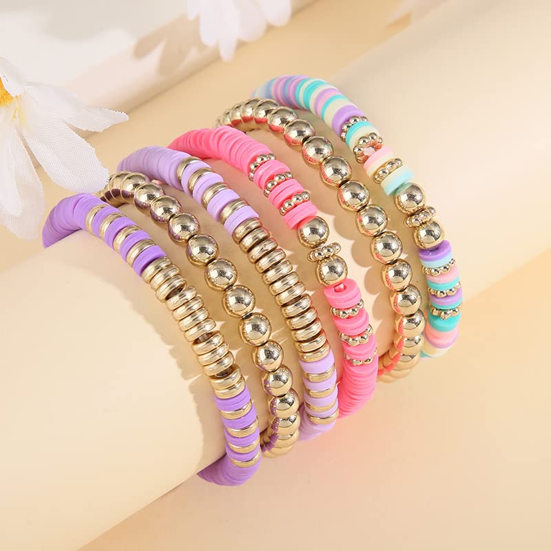Pingyongchang Heishi Gold Beaded Bracelets Set for Women Men Bohemian Polymer Clay Colorful Surfer Vinyl Disc Stretch Layering Stackable Friendship Boho Bracelet Summer Beach Jewelry Gifts - color: Purple