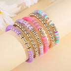 5-7PCS Surfer Colorful Clay Beads Stretch Bracelets Bohemian Stackable Gold Beads Vinyl Disc Elastic Bracelets Multilayer Summer Beach Jewelry Set - color: C-Purple