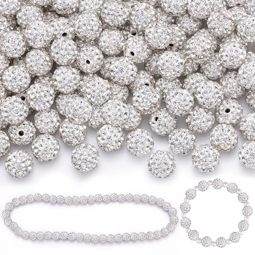100 Pcs White Rhinestone Beads for Jewelry Making, Sparkle Crystal Clay Christmas for Bracelet Baseball Necklace Earring Crafting and DIY, Shiny Round Shamballa Disco Ball Beads Bulk - color: White, size: 100 pcs