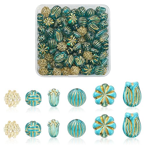 Beadthoven 137pcs Vintage Bohemian Acrylic Beads - Gold Plating Blue Turquoise Flower Round Transparent Imitation Czech Beads for Jewelry Making Bracelet Necklace Earrings Crafts - color: Blue Turquoise Color
