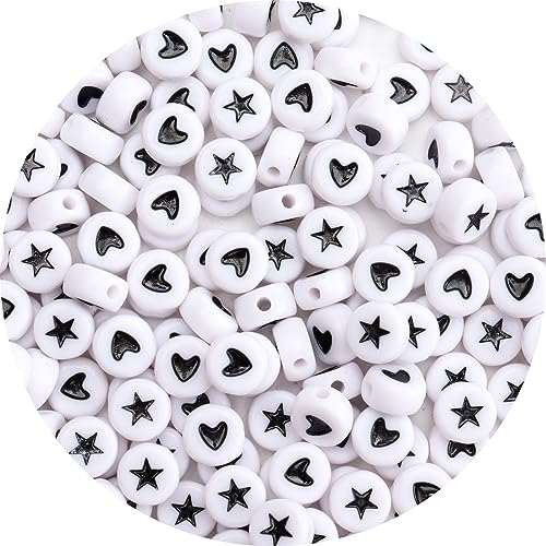 100Pcs Letter Beads 4x7mm White Round Acrylic Alphabet Beads Letter Heart & Star Beads for Jewelry Making DIY Bracelets Necklaces Key Chains - color: Heart & Star 100Pcs