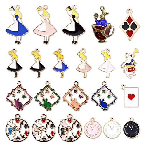JIALEEY 19PCS Assorted Gold Plated Enamel Alice in Wonderland Wreath Charm Pendant DIY for Necklace Bracelet Jewelry Making and Crafting