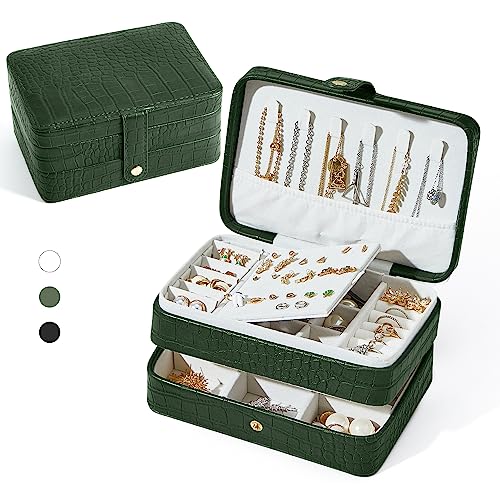 PU Leather Travel Jewelry Organizer Case for Women & Girls, 2-Layer Portable Jewelry Box for Earrings, Rings, Necklaces, Bracelets, Compact Jewelry Storage (Green) - color: Croco-Green