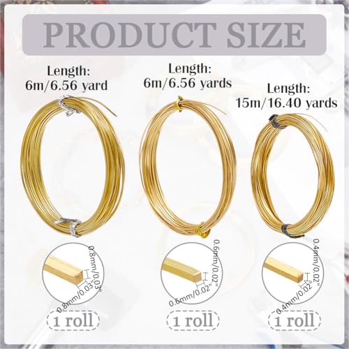 PH PandaHall 3 Sizes Brass Craft Wire 88.59 Feet Square Copper Beading Wire Jewelry Wire 20/22/26 Gauge(0.8/0.6/0.4mm) Dead Soft Copper Wire for Wire Wrapping Jewelry Craft Making, Gold
