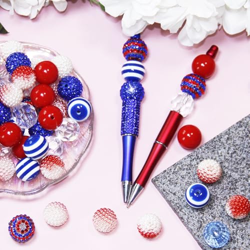 Exway 48 Pcs 20mm Beads for Pens, Rhinestone Bubblegum Beads, Red Blue Crystal Acrylic, Round Chunky, Sparkly Large Balls, DIY Jewelry Making Supplies - color: Blue