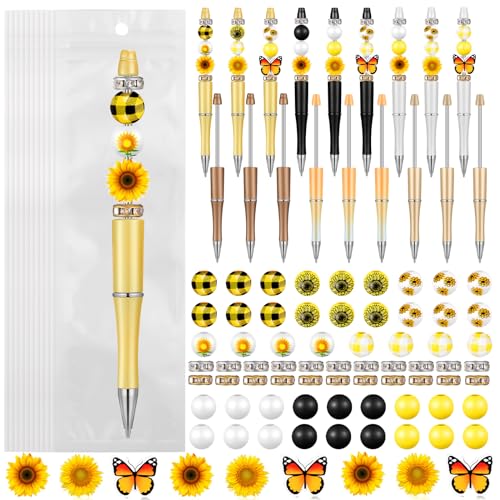 Colarr 24 Sets Plastic Beadable Pens DIY Pens Making Kit Assorted Wood Beads Crystal Spacer Black Ink Ballpoint for Women Crafts Office Family Gifts(Sunflower) - style: Sunflower