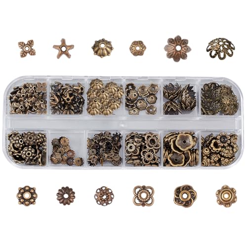 SUNNYCLUE 1 Box 240Pcs 12 Styles Spacer Beads Caps Bulk Vintage Style Antique Bronze Flower Bead Caps Alloy Metal Flower Loose Spacers for Jewelry Making End Findings Assortment Fixed Mixed - color: 240pcs Antique Bronze