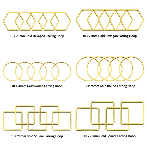 60pcs Beading Hoop Earring Findings Hypoallergenic Hexagon Square Round Earring Hoop Open Bezel Pendant Frame for DIY Crafts Accessories Supplies(Gold,3Shapes) - color: 60PCS;Square,Hexagon,Round;Gold