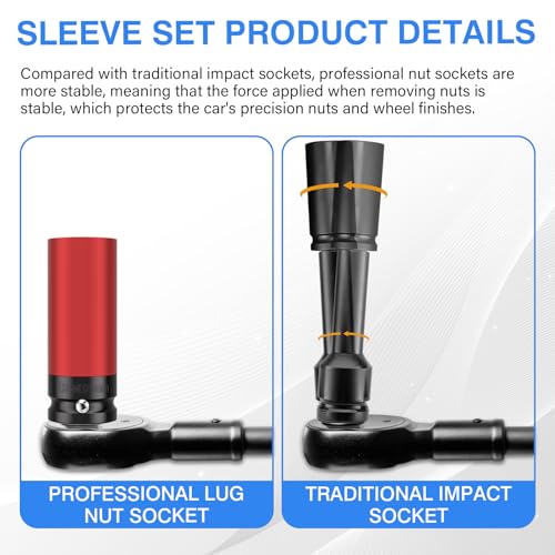 5PCS 1/2" Drive Wheel Protector Impact Socket, Non-Marring Lug Nut Deep Socket Set, CR-MO, 6 Point, Color-Coded Protective Socket | Metric 15 17 19 21 22 mm - size: 1/2" Protective Cover Sockets 5pcs