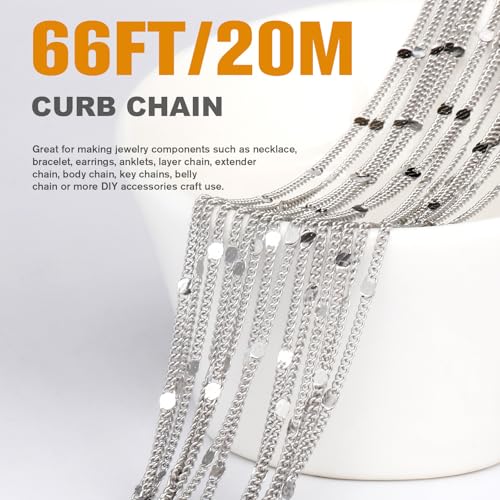 66FT Stainless Steel Curb Chains Bulk, 2mm Stainless Steel Flat Satellite Curb Link Chains Roll for Jewelry Making - color: Silver short embossed