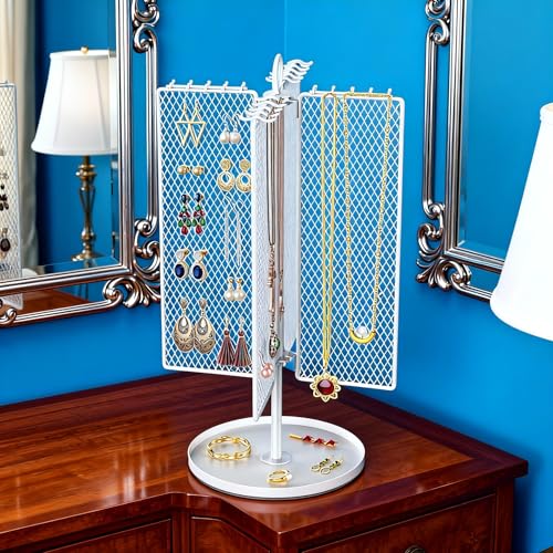 Rotating Necklace Holder with 40 Hooks, Earring Stand Mesh Grid Storage, 15-Inch Jewelry Display with Tray for Long Necklaces & 50+ Earrings for Women, White