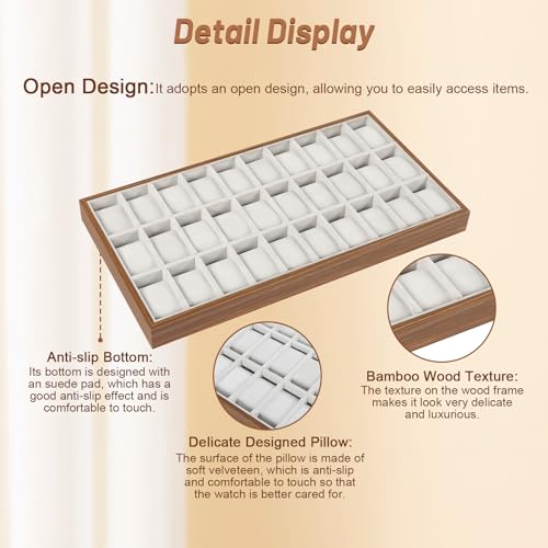 LOYALHEARTDY 30 Grid Watch Jewelry Tray Organizer Wooden Box Organizer Display Tray Watch Bracelet Display Holder with Removable Pillow for Men & Women Storage and Display