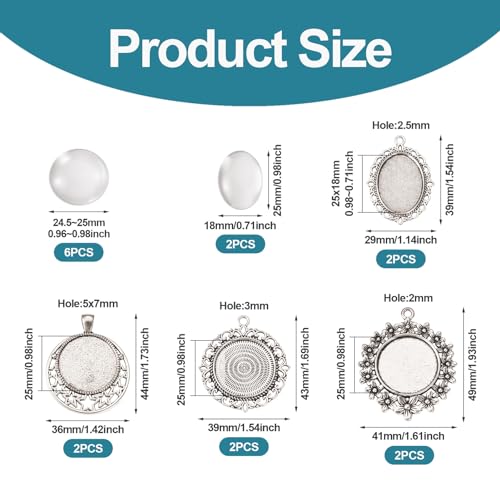 FASHEWELRY 16Pcs Oval Round Bezel Pendant Trays Antique Silver Bezel Blanks Cabochon Setting with Clear Glass Cabochon for Photo Pendant Craft Jewelry Making - color: Oval & Round