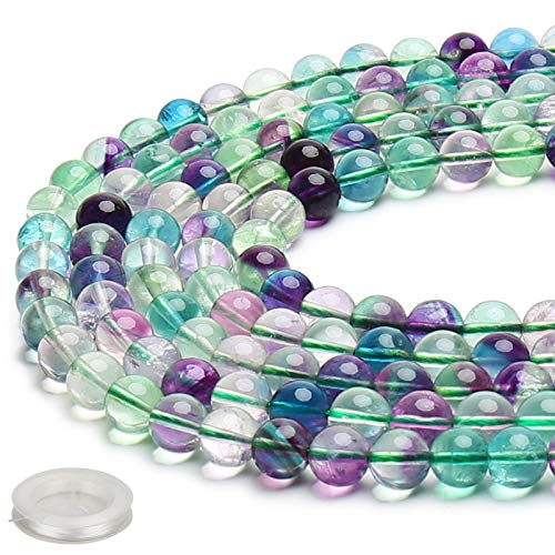 70PCS Natural 8MM Healing Gemstone, Fluorite Energy Stone Round Loose Beads, Semi-Precious Crystal Beads with Free Elastic String for Jewelry Making DIY - color: Fluorite, size: 8MM