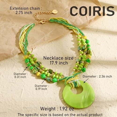 Coiris Shell Pendant Statement Strand Necklace for Women Boho Multi Beads Natural Stone Colorful Necklace Bohemian Handmade Chunky Shell Beaded Collar Jewelry for Women - color: Green