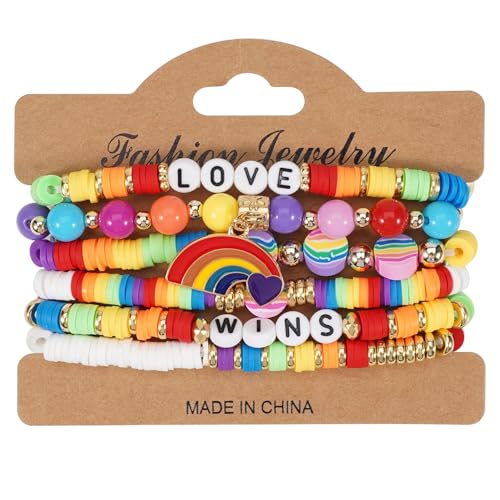 6Pcs Rainbow Clay Heishi Beads Bracelet Set for Women Men, Boho Stackable Elastic Beaded Jewelry with Pride/Wins/Love Charms, Colorful LGBTQ+ Support Accessories, Summer Beach Friendship Gifts - color: Rainbow-05