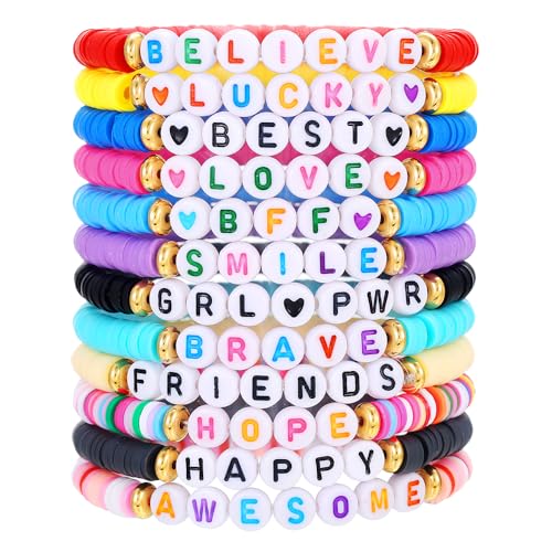 Friendship Bracelets Boho Stackable Bracelets for Women Surfer Heishi Clay Bead Bracelets Stretch Preppy Bracelets Colorful Boho Bracelets for Women - color: 12PCS Red Believe