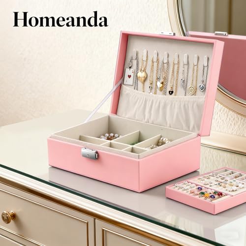 Homeanda Jewelry box 2 layer Jewelry box Leather Jewelry boxes for Women Girls Teens Jewelry organizer box Jewelry Storage box with lock(Pink) - color: Pink