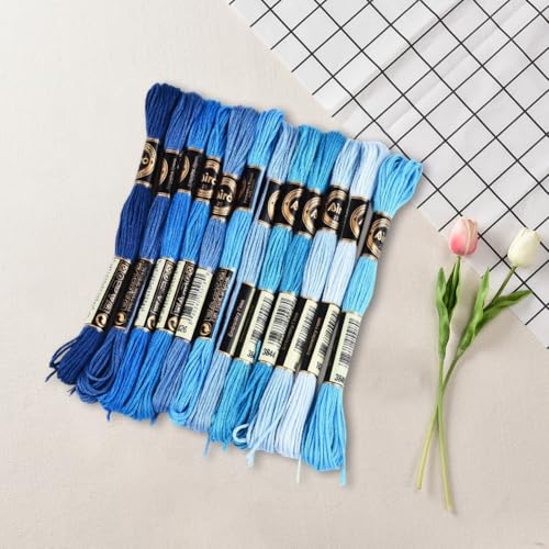 12 Skeins 6 Strands Blue Cross Stitch Thread Variegated Gradient Embroidery Floss Polyester Friendship Bracelet String Yarn Threads Bulk for Hand Sewing Bracelets Making Needlecraft Crochet - color: Dake Blue
