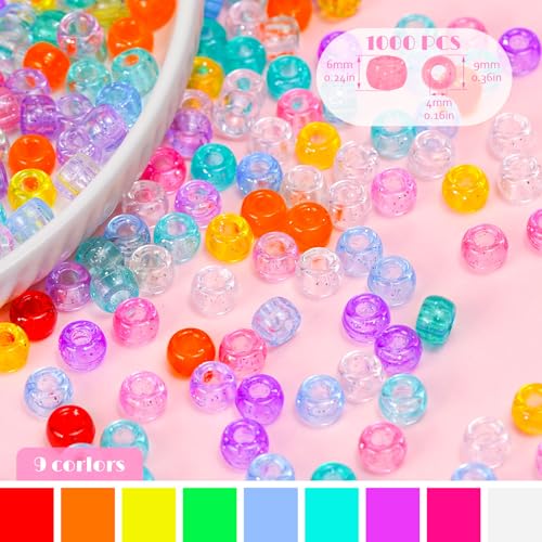 Sunlode Glitter Pony Beads Bulk 1000+ Pieces, 9 Colors 6x9mm Sparkly Clear Acrylic Beads Large Plastic Kandi Bead for Bracelets Big Hole Hair Braids Jewelry Making Crafts DIY Projects - color: Twinkling Fine Glitter 1000pcs