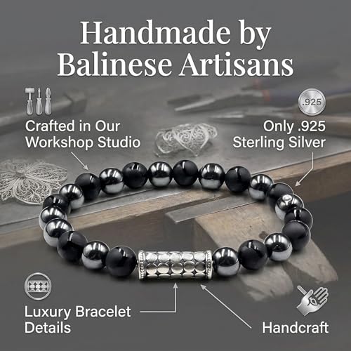 Kartini Studio Matte Black Onyx and Hematite Bracelet, Men's Sterling Silver Beads Bracelet, Quality Bead Jewelry for Man