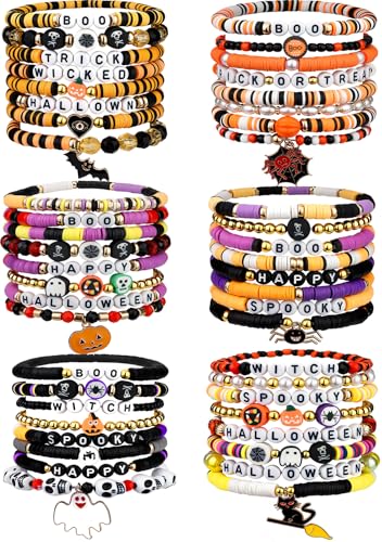 LUYI 32 Pcs Preppy Jewelry Bracelets for Women Clay Bead Colorful Surfer Heishi Bracelet Set Stackable Beaded Friendship Stretch Bracelets Boho Y2K Summer Beach Elastic Layering Bracelets - style: 48PCS-Hallowee
