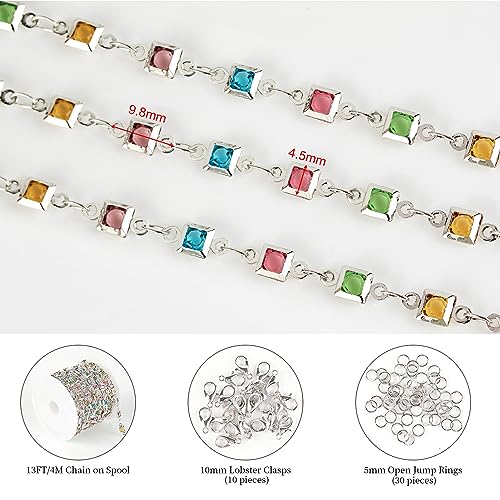 KYUNHOO 13 Feet Brass Jewelry Chain Bulk Mixed Color Rhinestones Chain for Jewelry Making with Lobster Clasps and Jump Rings Square Glass Bead Link Chain Women Necklace Anklet DIY Craft Chain - color: Square Bead-Silver