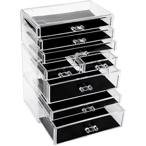 Sea Team 3-Tier Stackable Clear Makeup Organizer with Drawers, Acrylic Plastic Cosmetic Display Case, Jewelry Storage Box, Holder for Dresser, Bathroom, Vanity, Countertop (8 Drawers) - size: 3-Tier, 8 Drawers