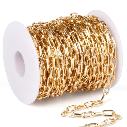33FT Gold Paperclip Chain Roll 5.5MM Gold Plated Aluminum Paperclip Link Chains Spool Bulk for Jewelry Making - color: gold, size: 5.5MM