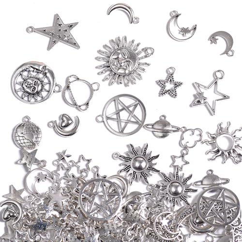 stino 100 Gram Metal Charms for Jewelry Making, Silver & Gold Plated, Bulk Pack for Bracelets, Necklaces, Crafts - color: Celestial Silver