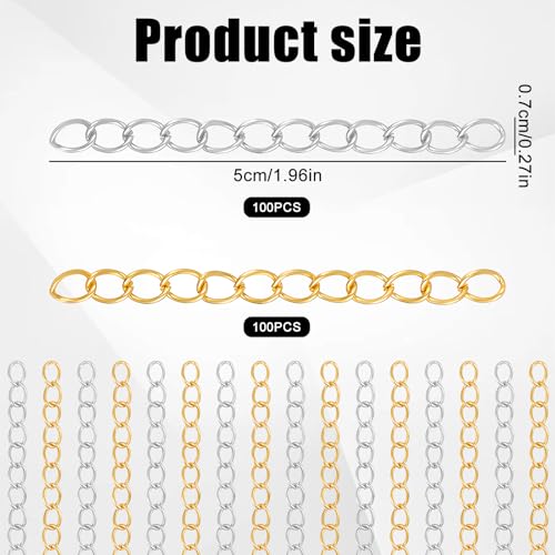 200Pcs Necklace Chain Extender for Jewelry Making 5cm Tail Extender Chain Silver and Gold Extension Tails Removable Stainless Steel Extension Chains for Necklace, Bracelet, Key Chains, Anklets