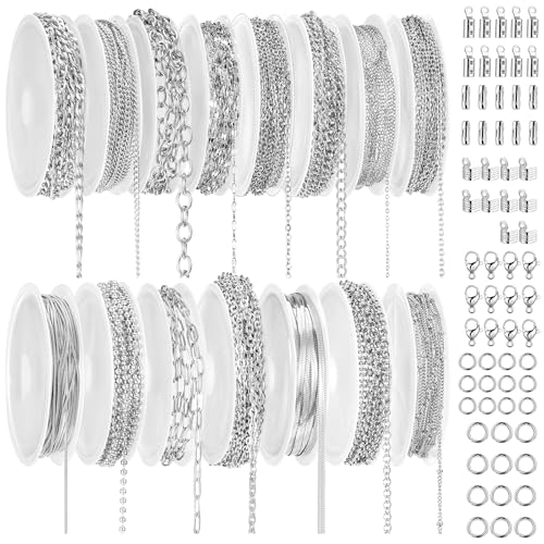 Afcabakila 15 Rolls Necklace Chains Stainless Steel Jewelry Chains Kit 118 Feet Silver for Jewelry Making DIY Necklace Bracelet Making with Jump Rings Lobster Clasps and Connectors