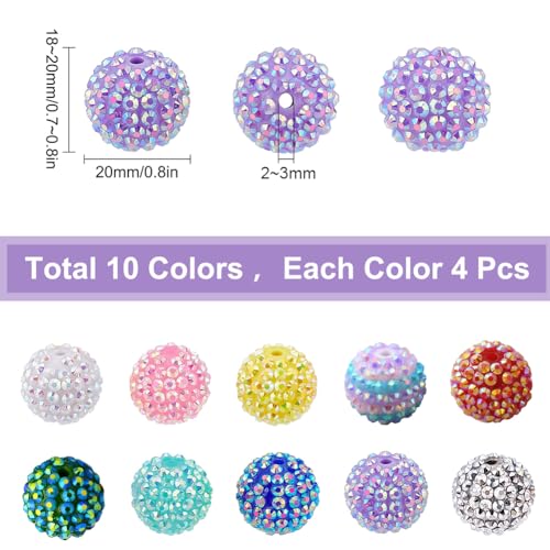 SUNNYCLUE 10 Styles 20mm Resin Rhinestone Beads Acrylic Round Chunky Beads for Jewelry Making Large Resin Berry Charms Bracelets Earrings Supplies Mixed Color DIY Craft - color: 40pcs 20mm Rhinestone Beads