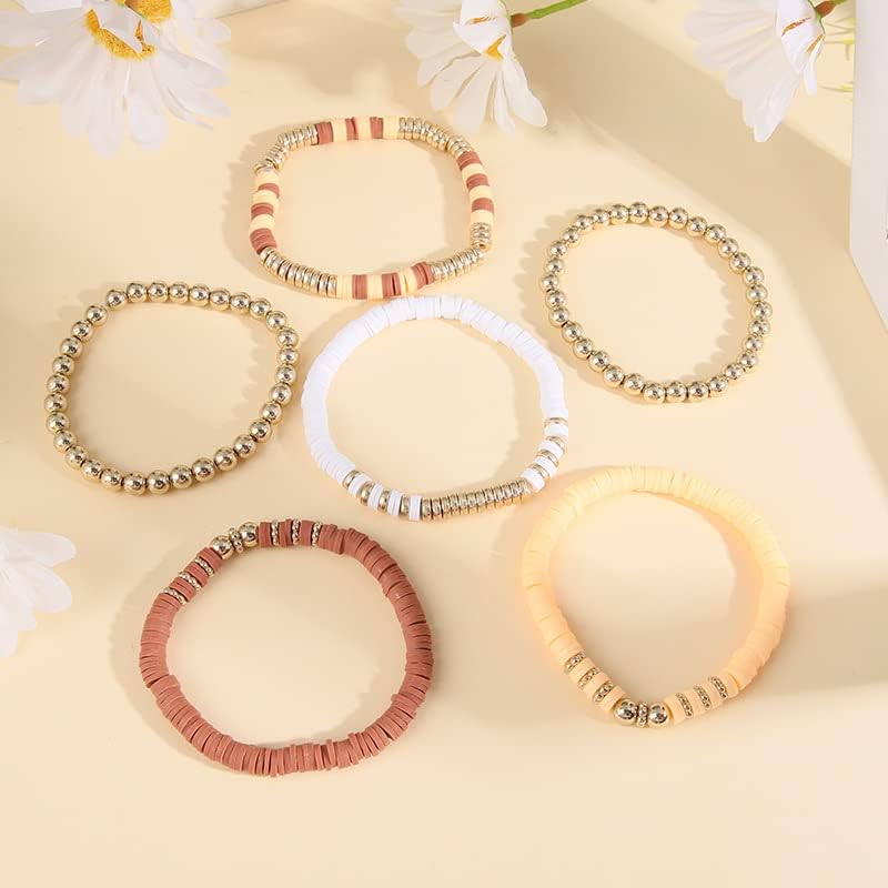 Pingyongchang Heishi Gold Beaded Bracelets Set for Women Men Bohemian Polymer Clay Colorful Surfer Vinyl Disc Stretch Layering Stackable Friendship Boho Bracelet Summer Beach Jewelry Gifts - color: Brown