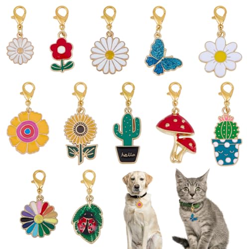 12 Styles Vegetative Collar Pendants for Cat Dog Alloy Enamel Cacti Pet Collar Pendants Clip-on Butterfly Flower Pet Collar for Bag Keychain Jewelry Making Training Home Decor