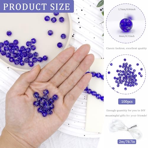 100PCS 8mm Glow in The Dark Beads Royal Blue Glow in The Dark Bead Glass Crystal Round Beads 1.5~2mm Hole with Rope for DIY Jewelry Craft Making - color: Royal Blue