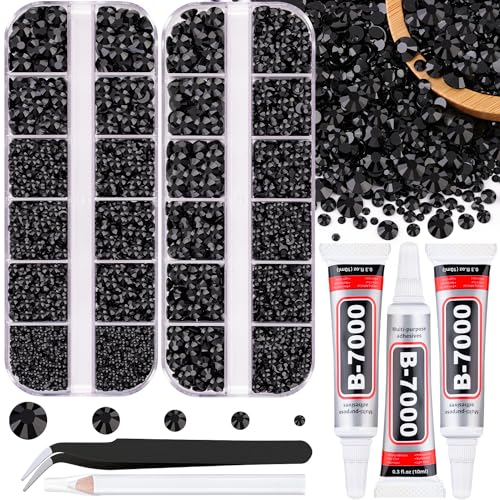Resin Jelly Rhinestones for Crafting with B7000 Jewelry Glue, 2 Boxes Black Flatback Crystals with 3Pcs 10ml Glue, Bedazzling Non Hotfix Gems for DIY Tumblers Clothing Shoes Manicure - color: Black, size: 2 Small Pack + Glue