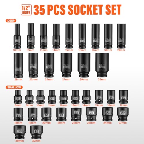 1/2 Drive Impact Socket Set, 35 PCS Metric Shallow (8mm-32mm) & Deep (10-32mm) Sizes, 6 Point, CR-MO Alloy Steel Axle Nut Socket for Auto Repair - size: 1/2" Deep&standard 35pc